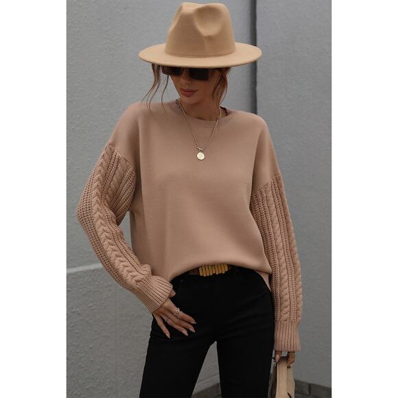 NWT BEIGE LOOSE FIT CABLE KNIT SLEEVE SWEATER TOP - Picture 1 of 4